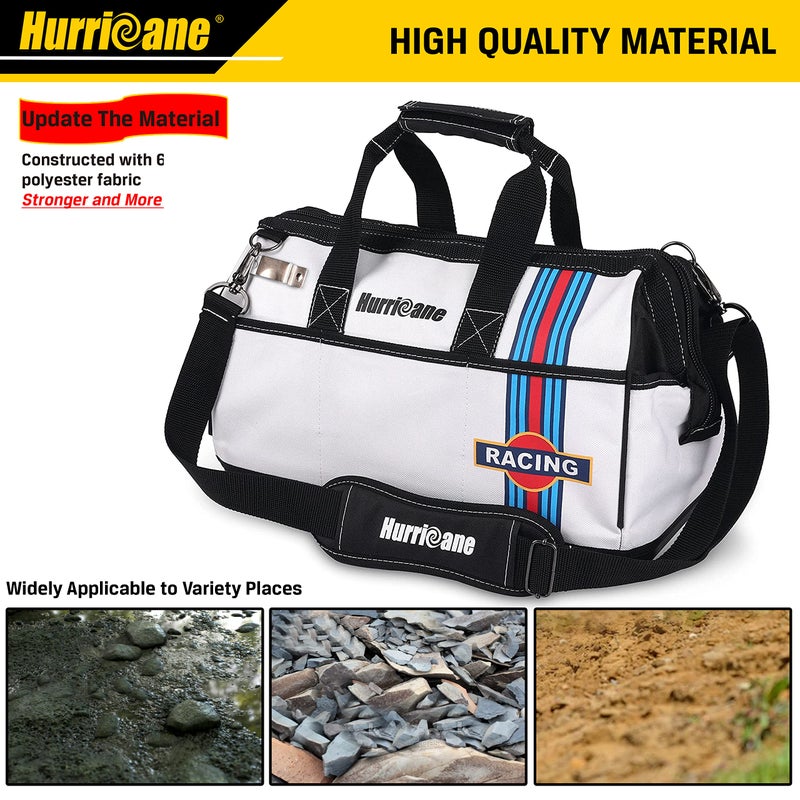 HURRICANE 16 inch Wide Mouth Tool Bag with Water Proof Molded Base with Extra Shoulder Strap, Upgrade Version, Racing theme-White, Multi Pockets, Large Inner Space - Image 5